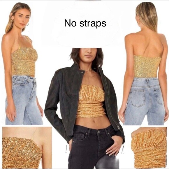 Free People XS Ta Da Sequin Embellished Crop Top Gold No Straps Y2K Party Club - Picture 13 of 16